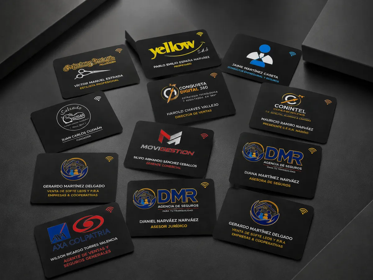 Doce tarjetas Conquista Card negras sobre una superficie oscura, cada una con el logo de un cliente distinto, su nombre, su cargo y el símbolo NFC impreso en una esquina.